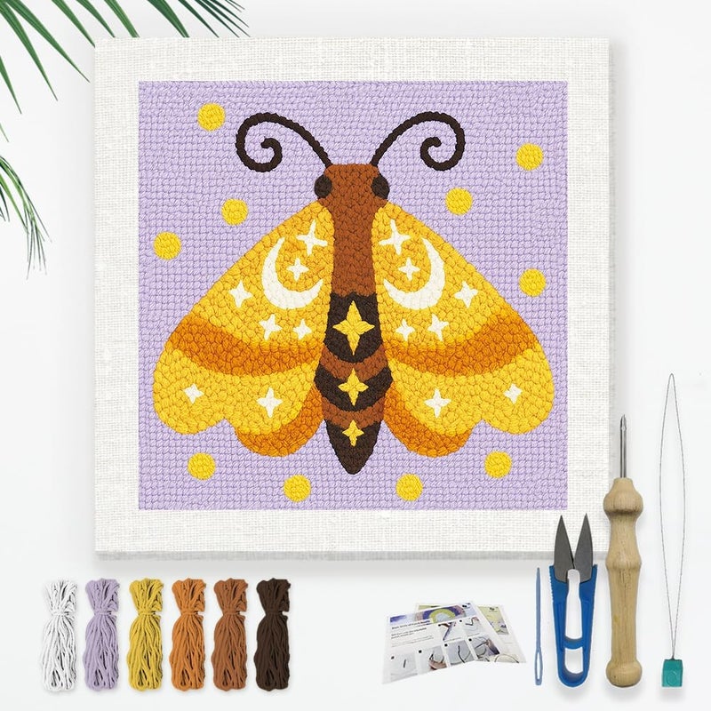 DOODLREAM Moth DIY Punch Needle Embroidery Kit for Adult Beginner, 9.4" Insect Animal Punch Stitching Craft Set for Starter with Frame, Fabric Pattern, Threader, Yarn, Pinch Needle - Image 1
